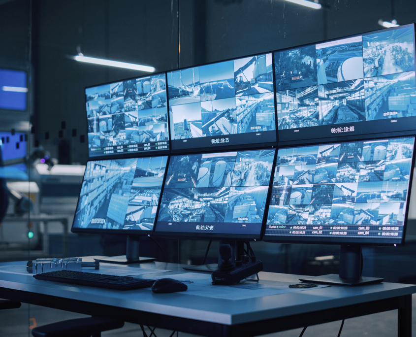 Side view of multiple monitors with security camera footage